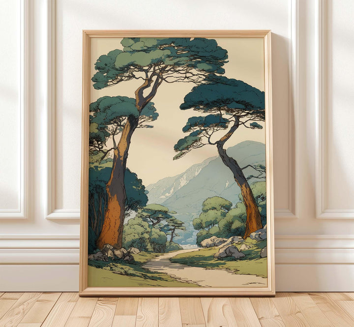 Vintage Japanese Forest Print | Tranquil Mountain Landscape Wall Art | Minimalist Tree Scene | Retro Nature Art | Serene Home Decor