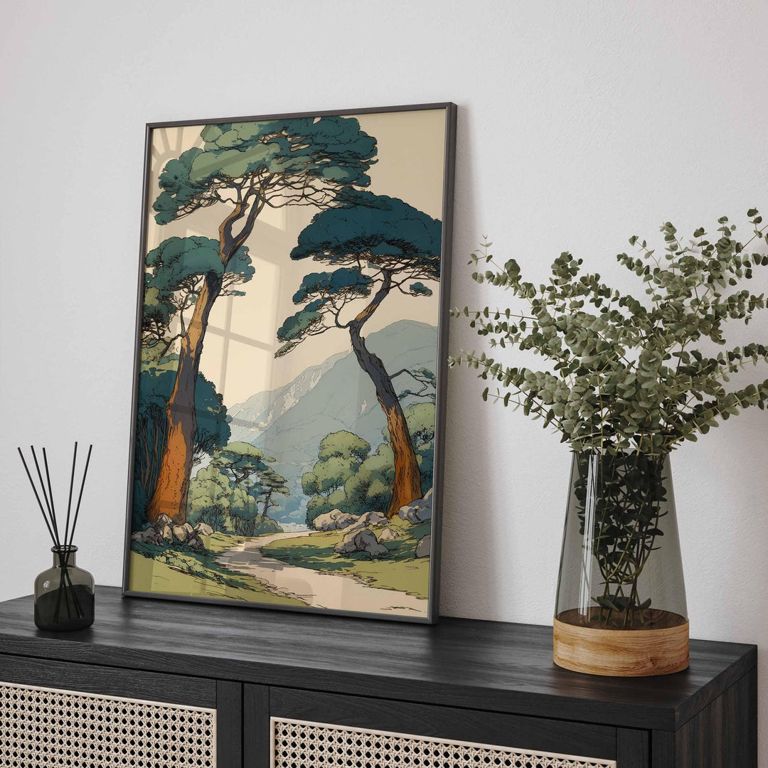 Soft, muted tones and a serene woodland path create a peaceful atmosphere inspired by traditional Japanese landscapes