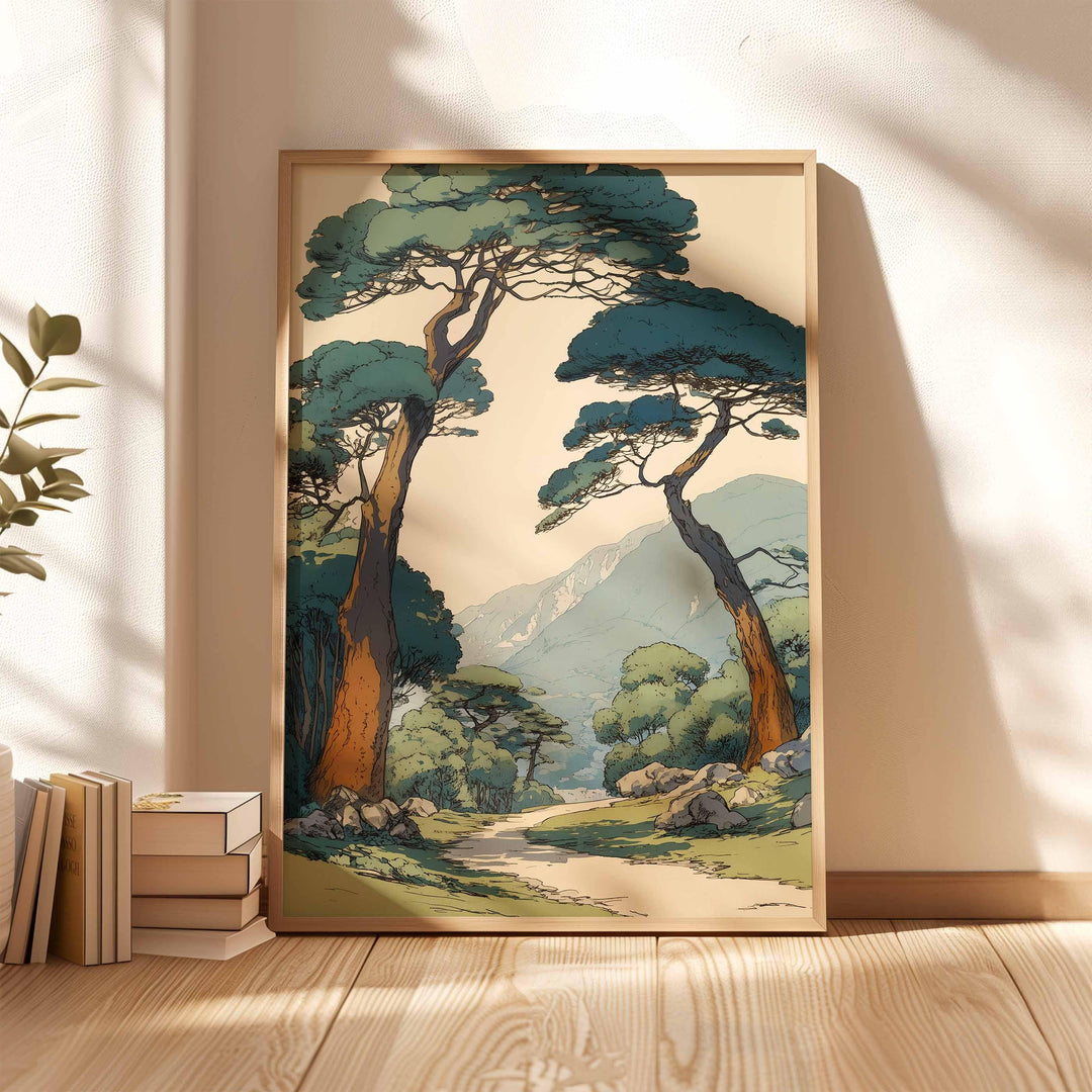 Vintage Japanese forest wall art inspired by tranquil mountain landscapes — a calm, minimalist statement for your home