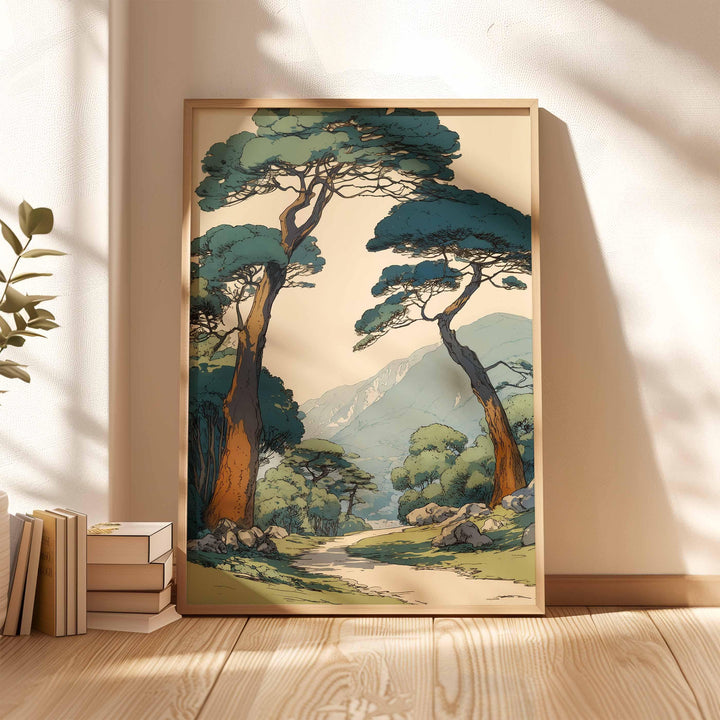 Vintage Japanese forest wall art inspired by tranquil mountain landscapes — a calm, minimalist statement for your home