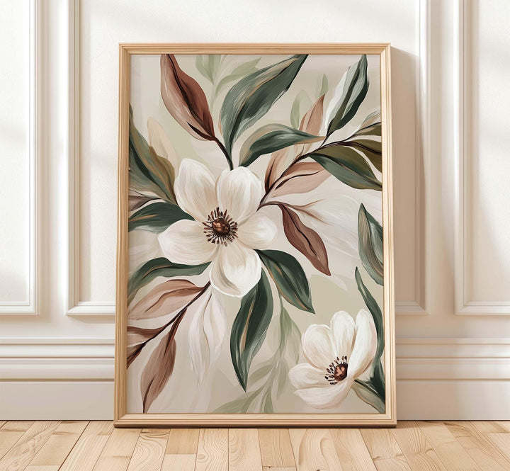 Neutral Botanical Flower Wall Art, Modern Beige Contemporary Art Print, Minimalist Earth Tone Floral Home Decor, Boho Scandinavian Poster