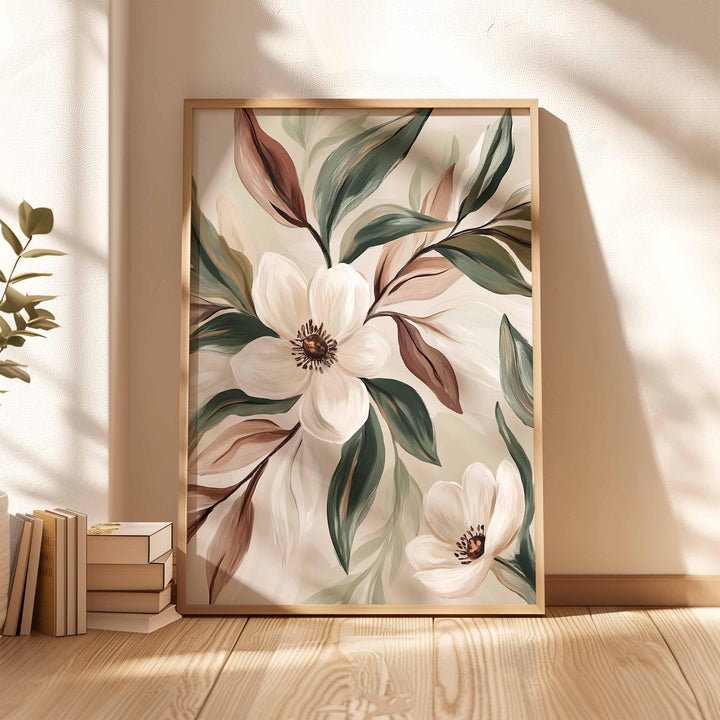 Neutral Botanical Flower Wall Art, Modern Beige Contemporary Art Print, Minimalist Earth Tone Floral Home Decor, Boho Scandinavian Poster
