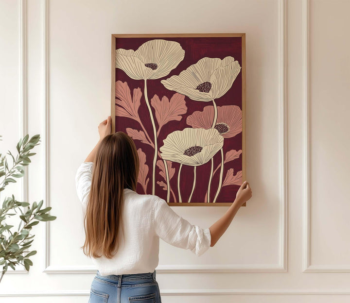 Burgundy Red Poppy Print, Botanical Floral Wall Art, Contemporary Flower Illustration, Modern Nature Artwork, Minimalist Home Decor