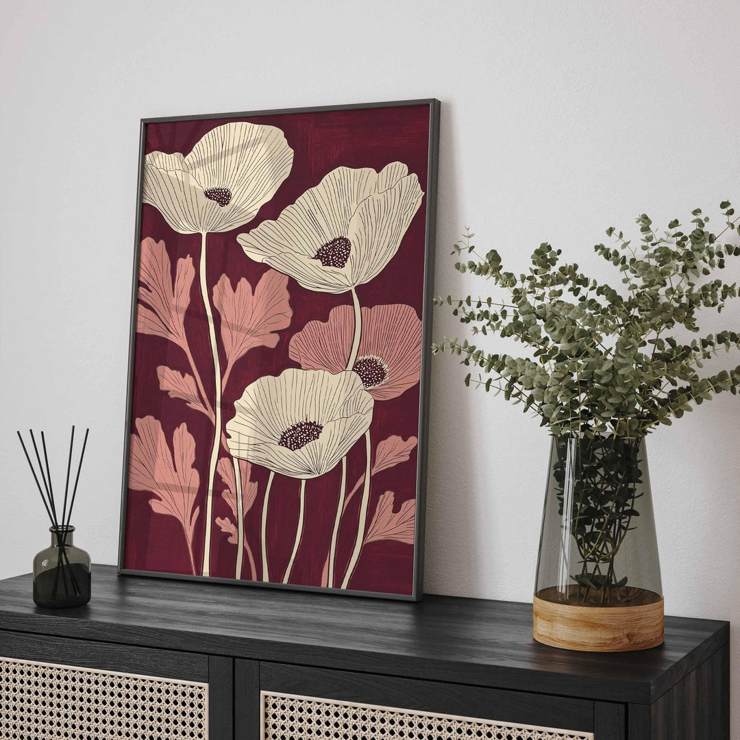 Burgundy Red Poppy Print, Botanical Floral Wall Art, Contemporary Flower Illustration, Modern Nature Artwork, Minimalist Home Decor