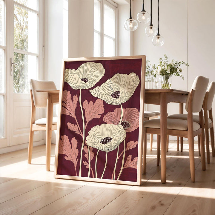 Burgundy Red Poppy Print, Botanical Floral Wall Art, Contemporary Flower Illustration, Modern Nature Artwork, Minimalist Home Decor