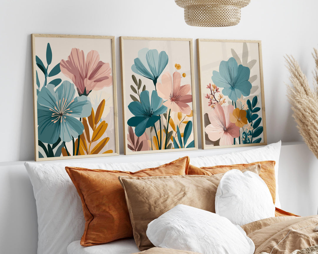 Modern Flower Market Prints Set of 3, Abstract Floral Wall Art, Pink Blue Beige Rust, Contemporary Scandinavian Boho Botanical Wall Decor