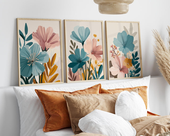 Modern Flower Market Prints Set of 3, Abstract Floral Wall Art, Pink Blue Beige Rust, Contemporary Scandinavian Boho Botanical Wall Decor