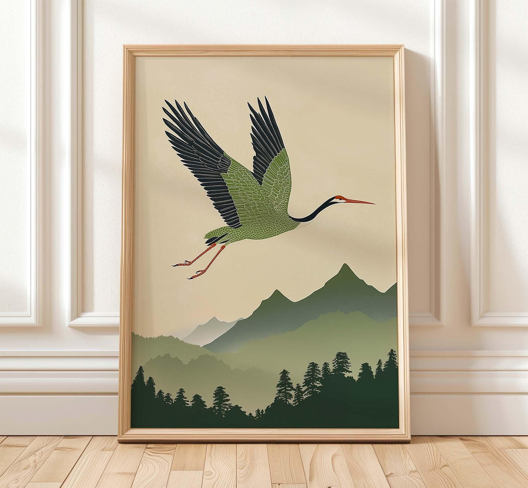 Japanese Crane Wall Art Print, Mountain Landscape Illustration, Nature Inspired Bird Artwork, Calm Restful Modern Japanese Decor