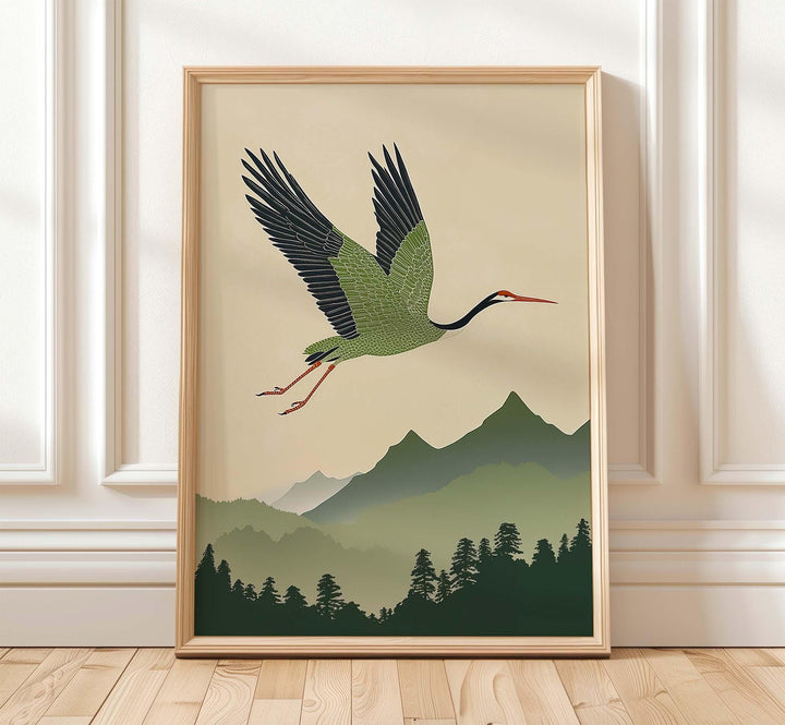 Japanese Crane Wall Art Print, Mountain Landscape Illustration, Nature Inspired Bird Artwork, Calm Restful Modern Japanese Decor