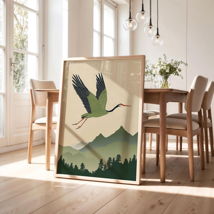 Japanese Crane Wall Art Print, Mountain Landscape Illustration, Nature Inspired Bird Artwork, Calm Restful Modern Japanese Decor