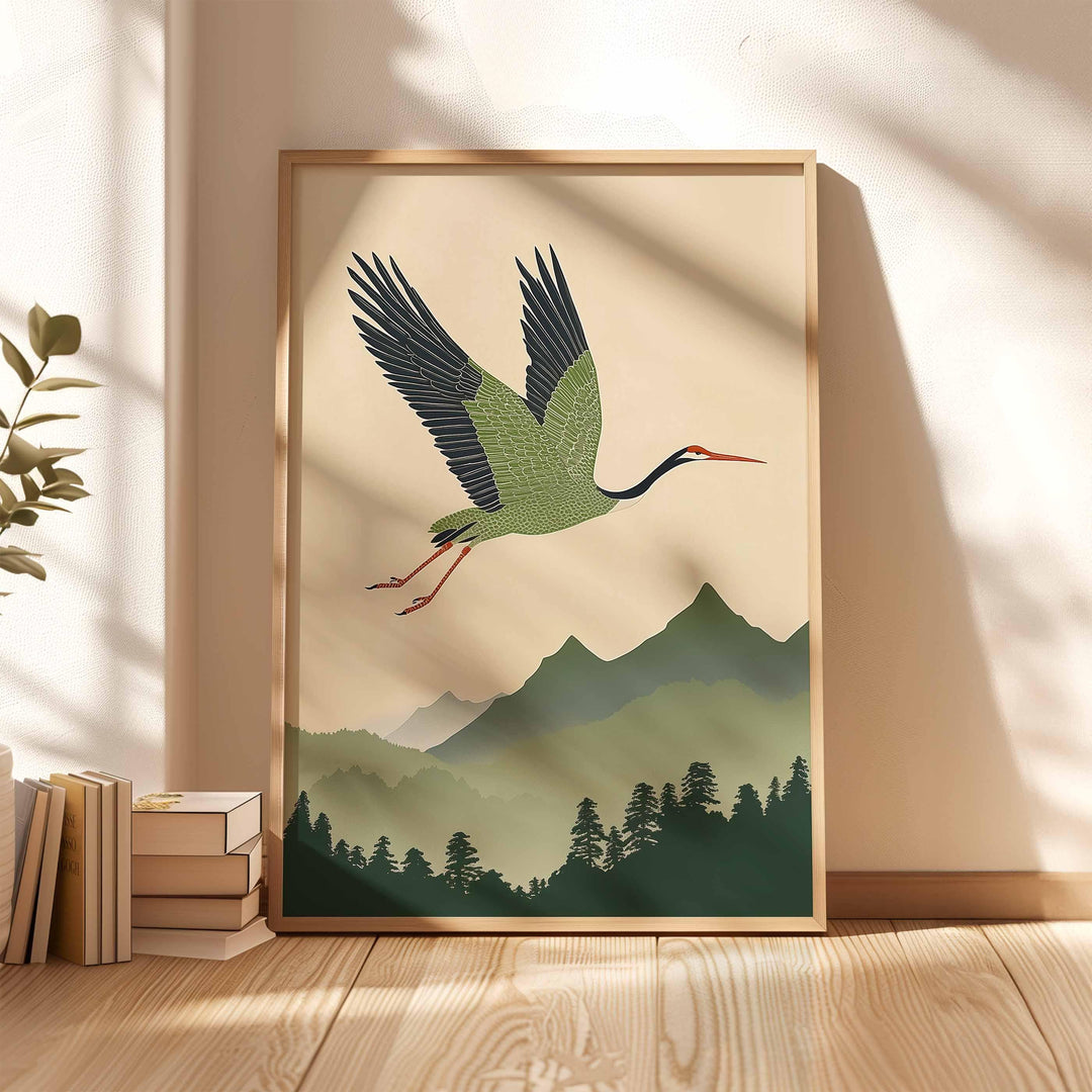 Japanese Crane Wall Art Print, Mountain Landscape Illustration, Nature Inspired Bird Artwork, Calm Restful Modern Japanese Decor