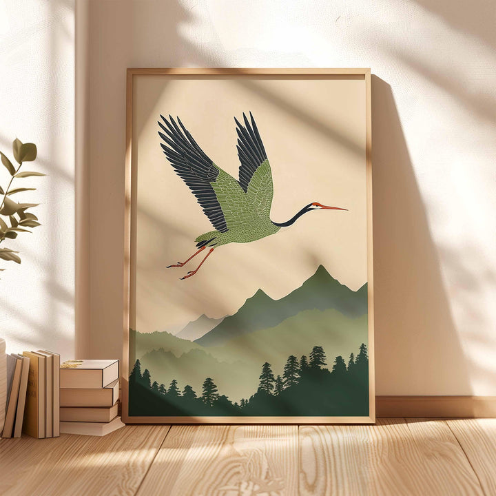 Japanese Crane Wall Art Print, Mountain Landscape Illustration, Nature Inspired Bird Artwork, Calm Restful Modern Japanese Decor