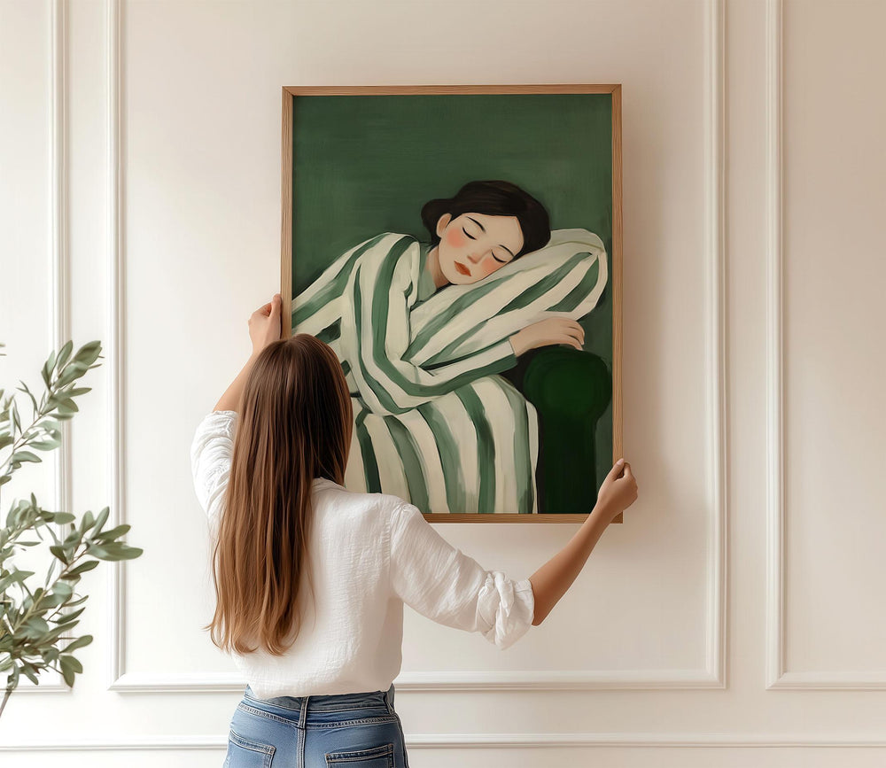 Emerald Green Modern Figurative Art Print, Abstract Stripe Reclining Woman, Contemporary Painterly Illustration, Minimalist Wall Art