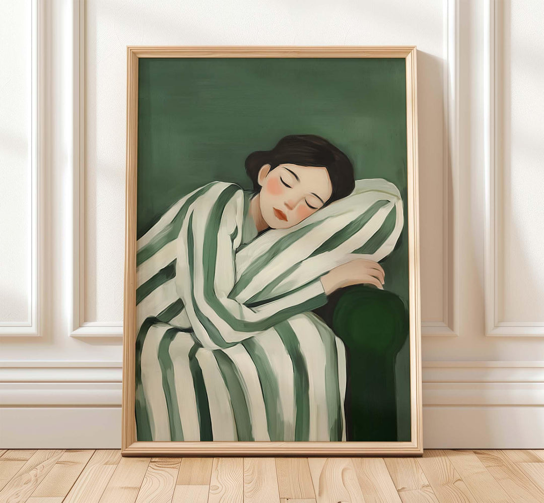 Emerald Green Modern Figurative Art Print, Abstract Stripe Reclining Woman, Contemporary Painterly Illustration, Minimalist Wall Art