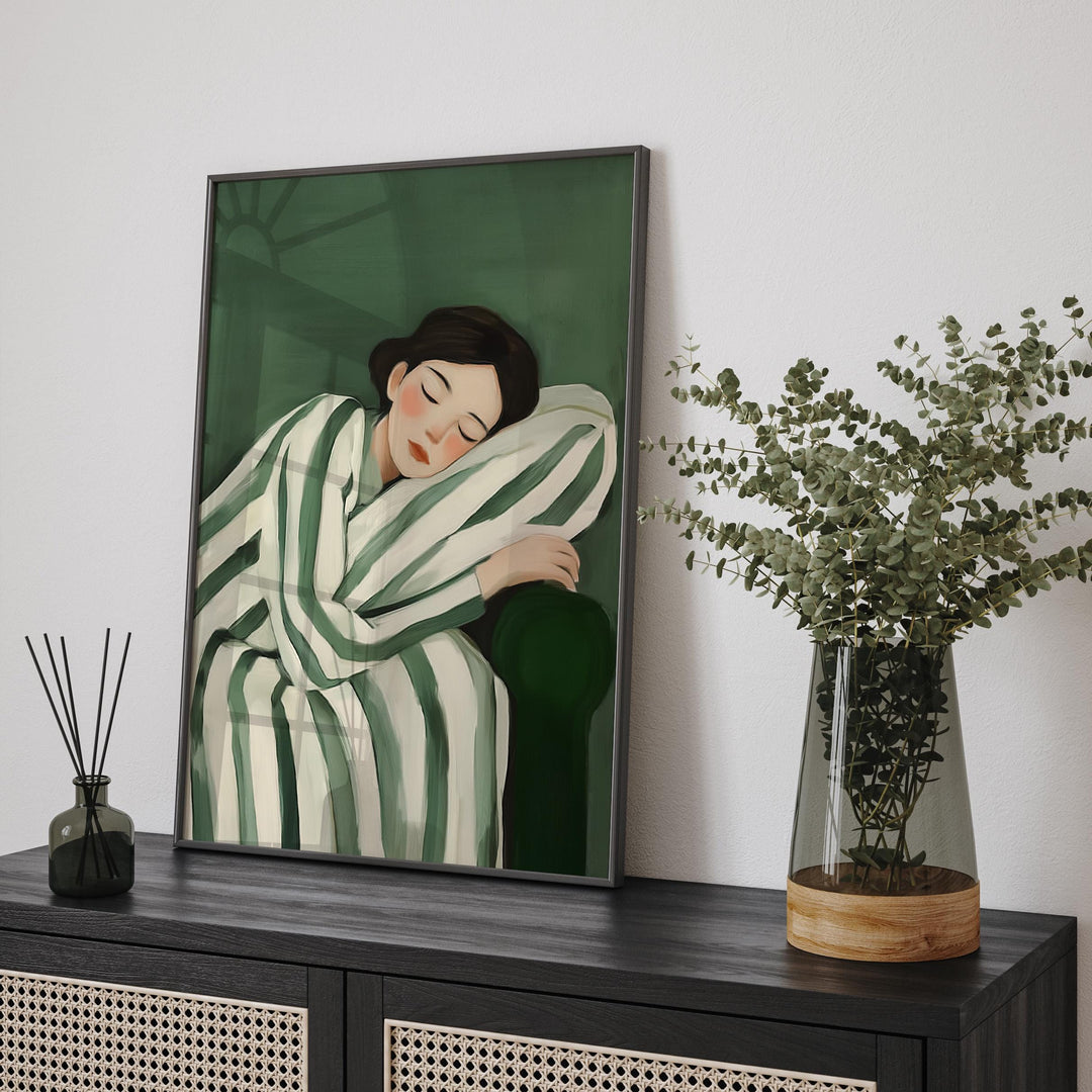 Emerald Green Modern Figurative Art Print, Abstract Stripe Reclining Woman, Contemporary Painterly Illustration, Minimalist Wall Art