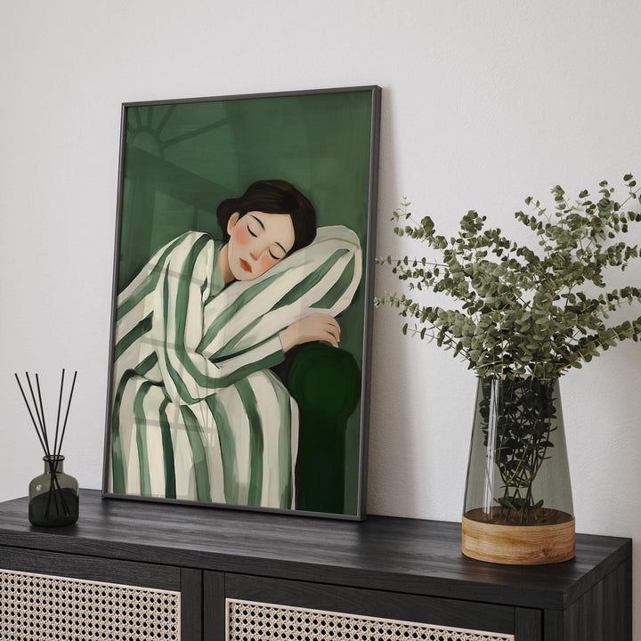 Emerald Green Modern Figurative Art Print, Abstract Stripe Reclining Woman, Contemporary Painterly Illustration, Minimalist Wall Art