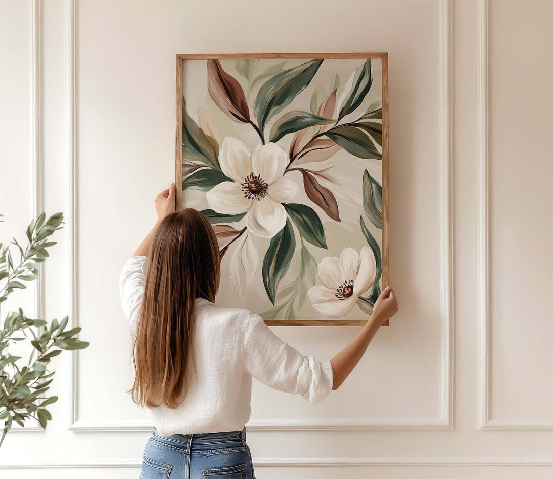 Neutral Botanical Flower Wall Art, Modern Beige Contemporary Art Print, Minimalist Earth Tone Floral Home Decor, Boho Scandinavian Poster