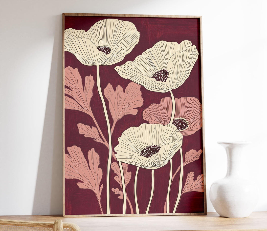 Burgundy Red Poppy Print, Botanical Floral Wall Art, Contemporary Flower Illustration, Modern Nature Artwork, Minimalist Home Decor