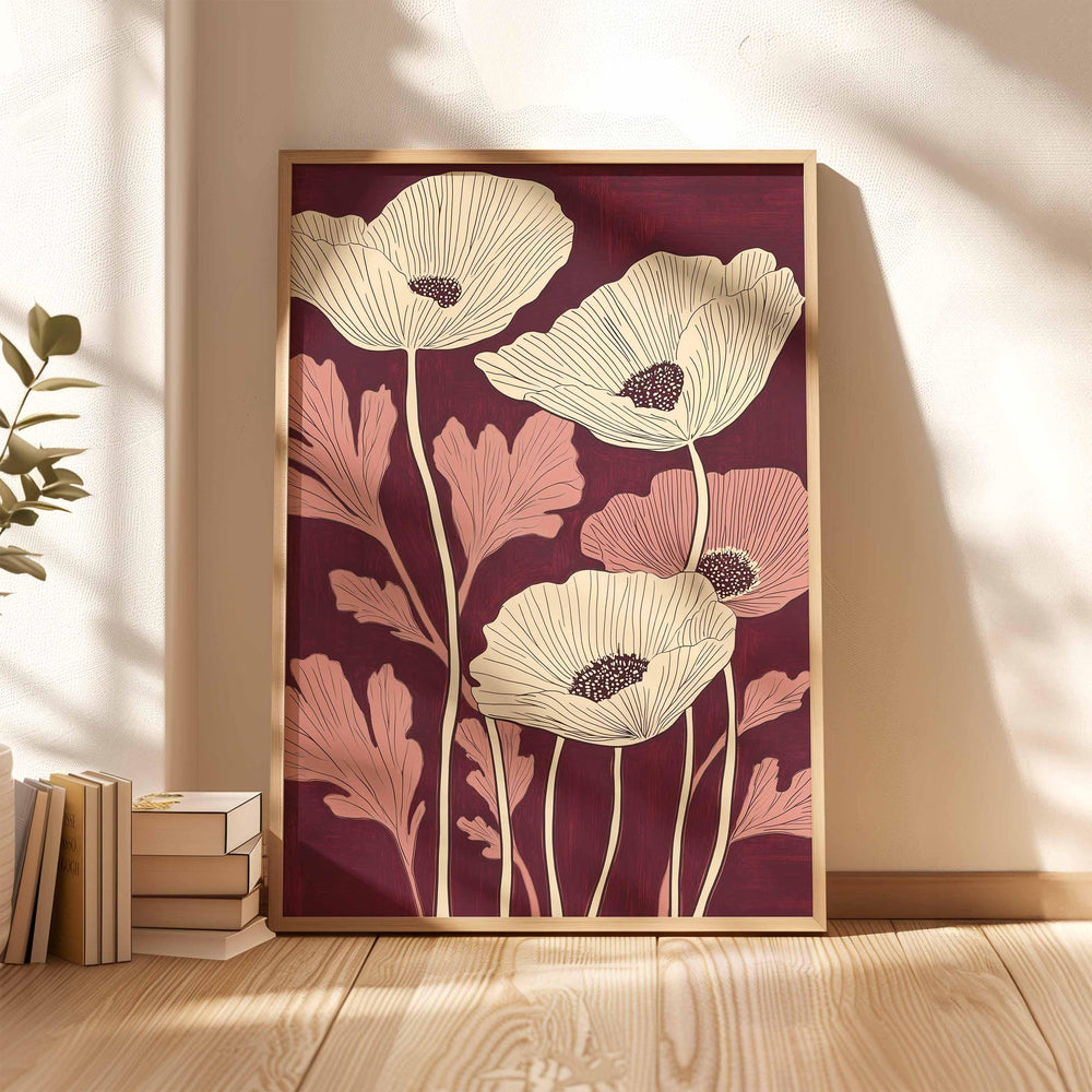 Burgundy Red Poppy Print, Botanical Floral Wall Art, Contemporary Flower Illustration, Modern Nature Artwork, Minimalist Home Decor