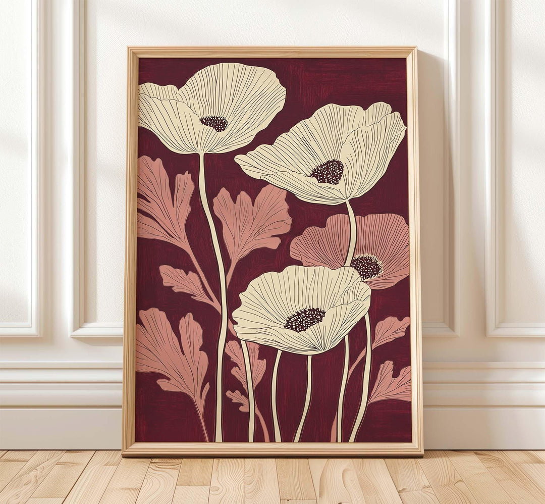 Burgundy Red Poppy Print, Botanical Floral Wall Art, Contemporary Flower Illustration, Modern Nature Artwork, Minimalist Home Decor