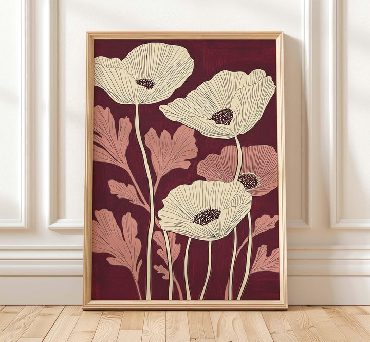 Burgundy Red Poppy Print, Botanical Floral Wall Art, Contemporary Flower Illustration, Modern Nature Artwork, Minimalist Home Decor