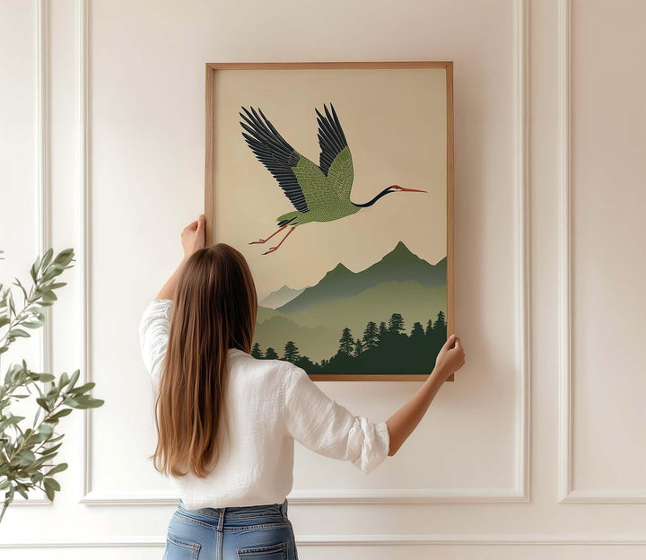 Japanese Crane Wall Art Print, Mountain Landscape Illustration, Nature Inspired Bird Artwork, Calm Restful Modern Japanese Decor