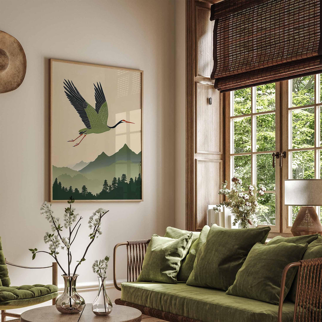 Japanese Crane Wall Art Print, Mountain Landscape Illustration, Nature Inspired Bird Artwork, Calm Restful Modern Japanese Decor