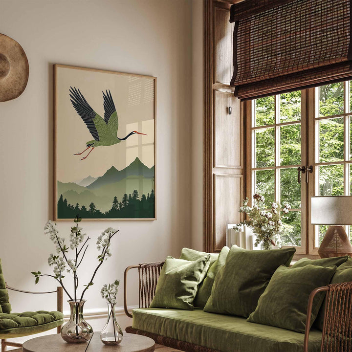 Japanese Crane Wall Art Print, Mountain Landscape Illustration, Nature Inspired Bird Artwork, Calm Restful Modern Japanese Decor