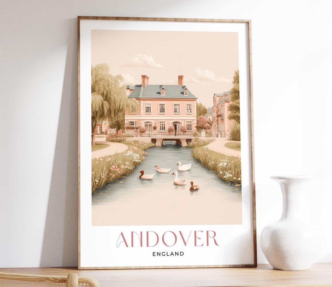 Andover England Travel Print, Vintage Style British Town Wall Art, Pastel UK Landscape Poster, English Travel Decor