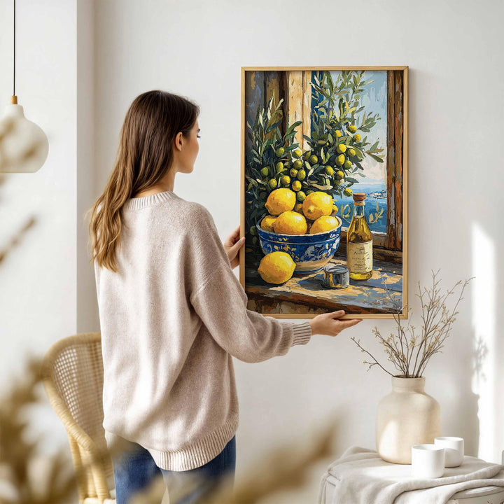 Mediterranean Lemon Wall Art Print, Gouache Still Life Illustration, Italian Kitchen Décor, Blue & Yellow Food Art, Rustic Coastal Poster