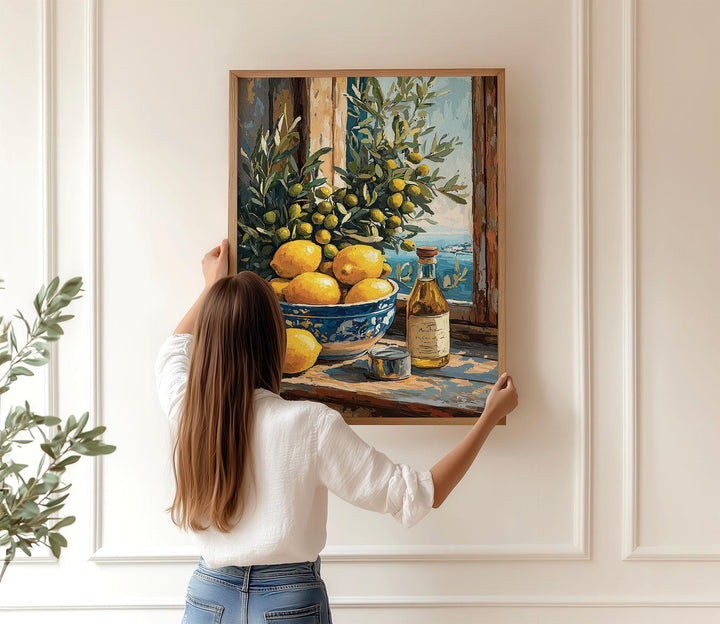 Mediterranean Lemon Wall Art Print, Gouache Still Life Illustration, Italian Kitchen Décor, Blue & Yellow Food Art, Rustic Coastal Poster