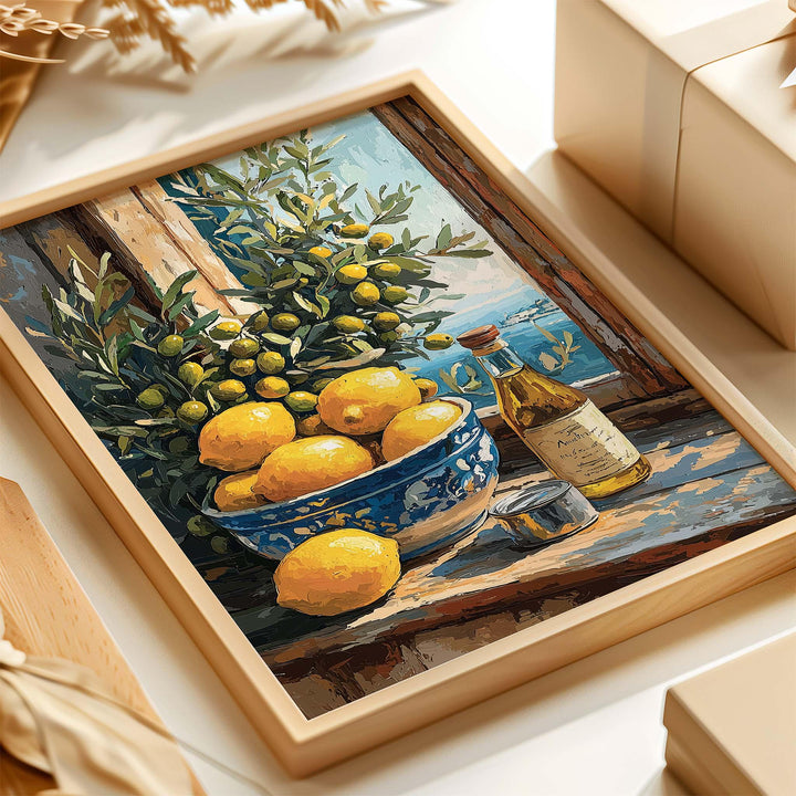 Mediterranean Lemon Wall Art Print, Gouache Still Life Illustration, Italian Kitchen Décor, Blue & Yellow Food Art, Rustic Coastal Poster