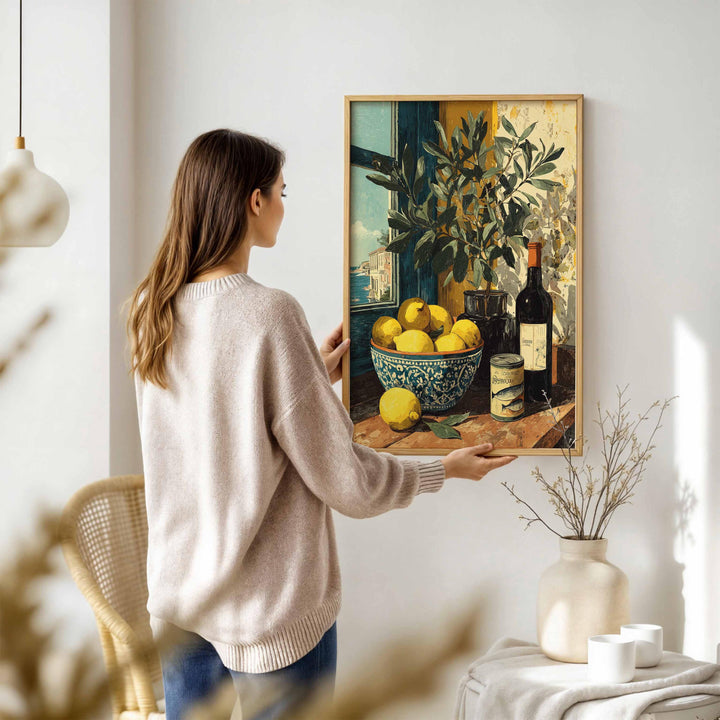 Mediterranean Lemon Wall Art Print, Gouache Still Life Illustration, Italian Kitchen Décor, Blue & Yellow Food Art, Rustic Coastal Poster