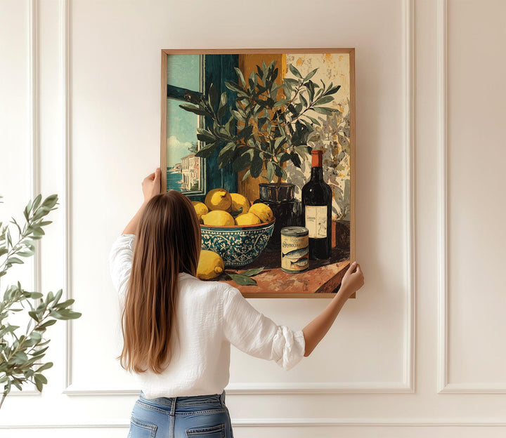 Mediterranean Lemon Wall Art Print, Gouache Still Life Illustration, Italian Kitchen Décor, Blue & Yellow Food Art, Rustic Coastal Poster