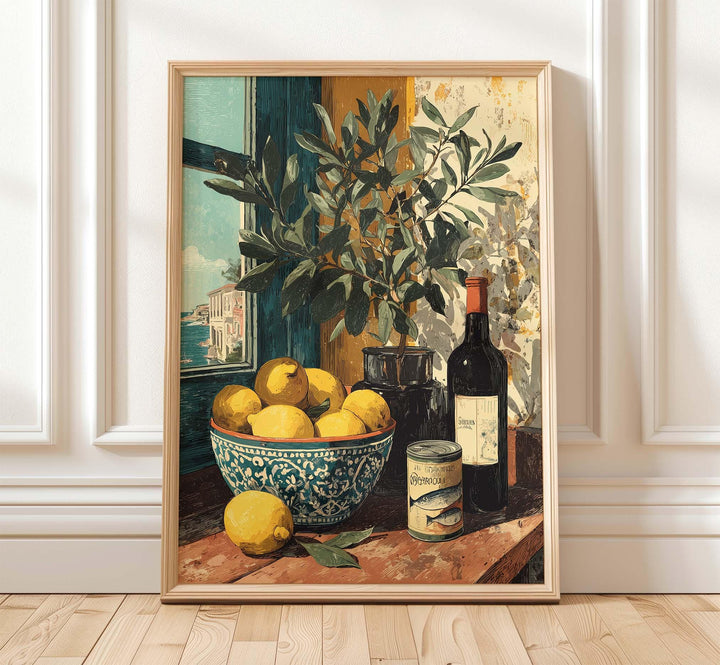 Mediterranean Lemon Wall Art Print, Gouache Still Life Illustration, Italian Kitchen Décor, Blue & Yellow Food Art, Rustic Coastal Poster