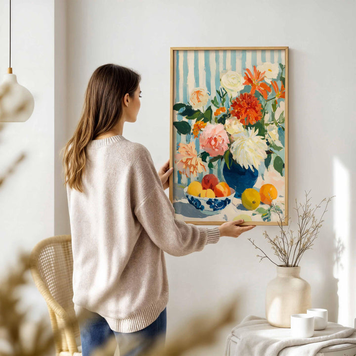 French Country Still Life Wall Art, Gouache Fruit & Flowers Print, Mediterranean Cottagecore Kitchen Décor, Warm Vintage Farmhouse Poster