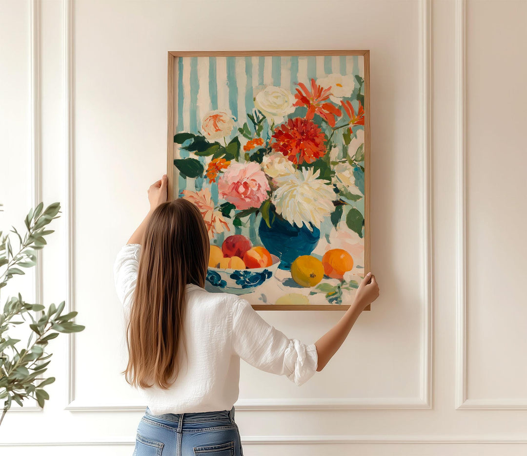 French Country Still Life Wall Art, Gouache Fruit & Flowers Print, Mediterranean Cottagecore Kitchen Décor, Warm Vintage Farmhouse Poster