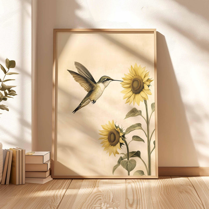 Hummingbird and Sunflower Wall Art Print, Botanical Bird Illustration, Nature Inspired Floral Art, Elegant Neutral Wildlife Home Décor