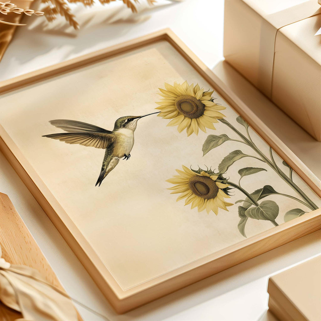 Hummingbird and Sunflower Wall Art Print, Botanical Bird Illustration, Nature Inspired Floral Art, Elegant Neutral Wildlife Home Décor