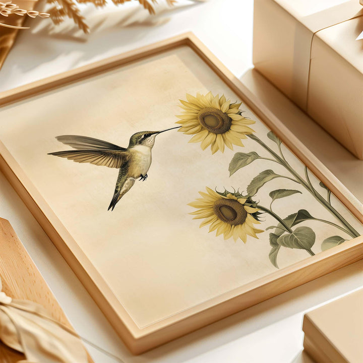 Hummingbird and Sunflower Wall Art Print, Botanical Bird Illustration, Nature Inspired Floral Art, Elegant Neutral Wildlife Home Décor
