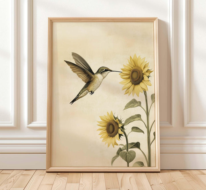 Hummingbird and Sunflower Wall Art Print, Botanical Bird Illustration, Nature Inspired Floral Art, Elegant Neutral Wildlife Home Décor