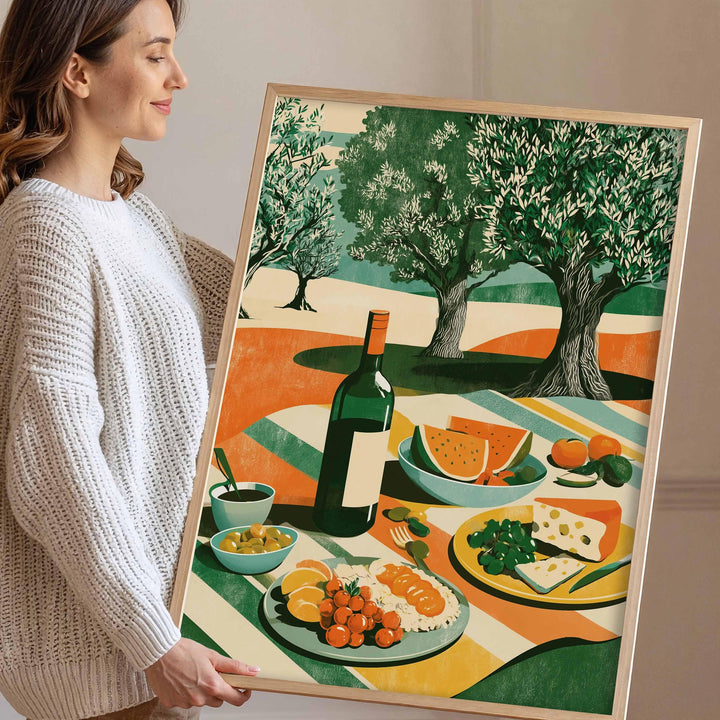 Mediterranean Picnic Wall Art Print, Modern Olive Tree Illustration, Summer Food & Wine Still Life Art, Contemporary Kitchen Décor