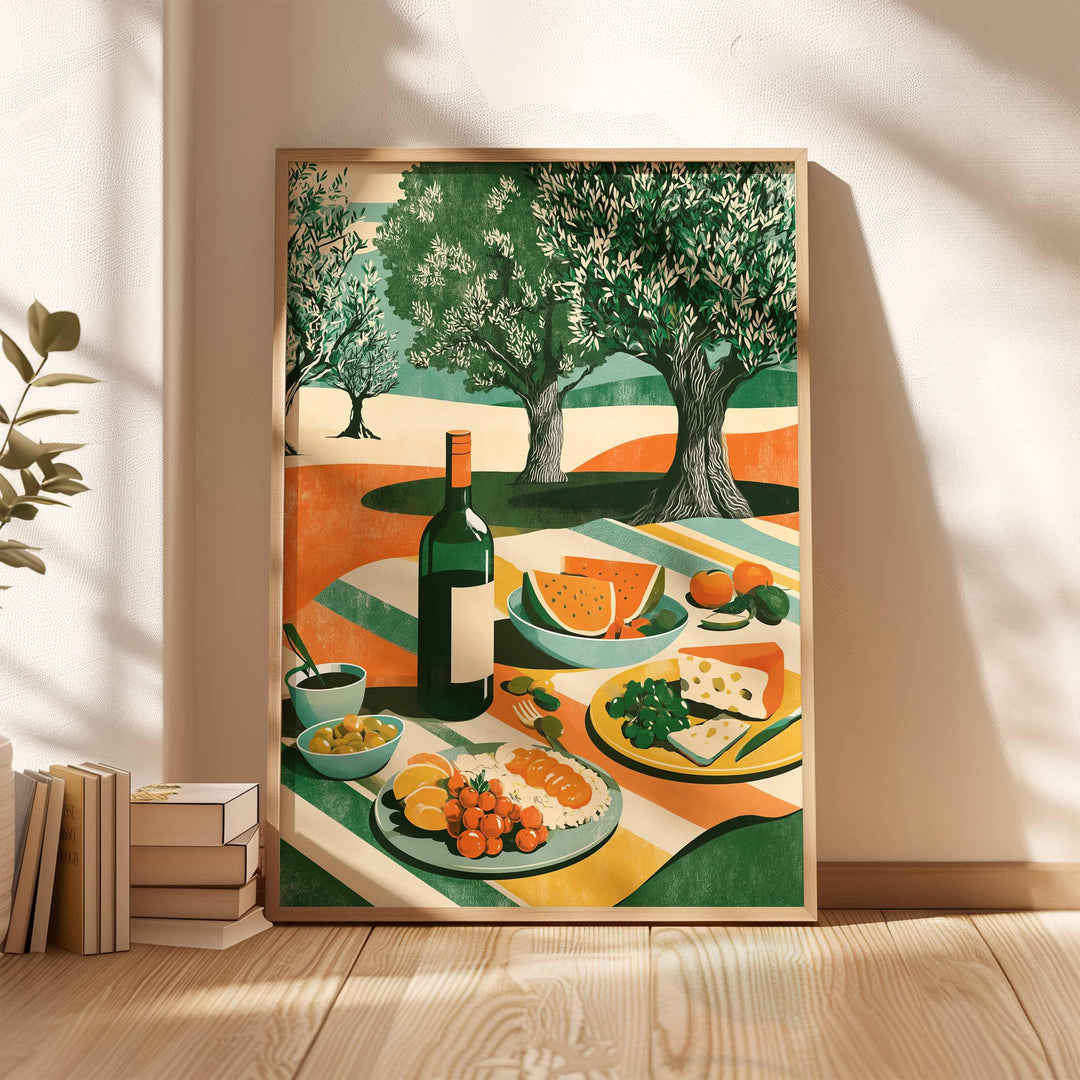 Mediterranean Picnic Wall Art Print, Modern Olive Tree Illustration, Summer Food & Wine Still Life Art, Contemporary Kitchen Décor