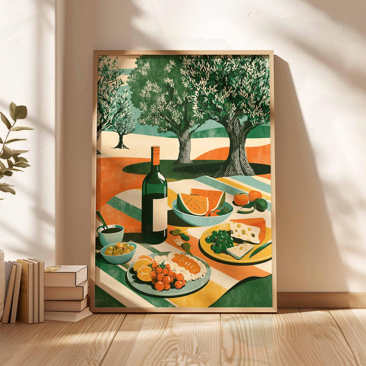 Mediterranean Picnic Wall Art Print, Modern Olive Tree Illustration, Summer Food & Wine Still Life Art, Contemporary Kitchen Décor