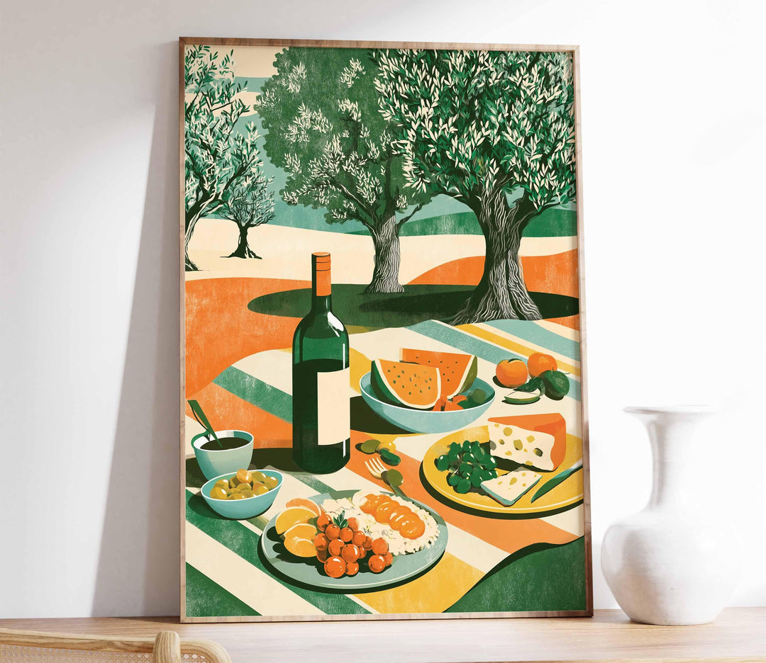 Mediterranean Picnic Wall Art Print, Modern Olive Tree Illustration, Summer Food & Wine Still Life Art, Contemporary Kitchen Décor