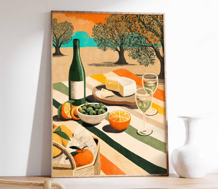 Sunny Mediterranean Picnic Wall Art, Modern Food & Wine Illustration, Olive Tree Landscape Art, Warm Contemporary Home Décor