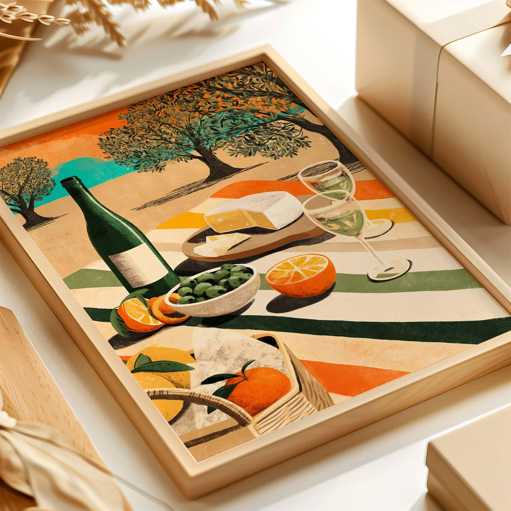 Sunny Mediterranean Picnic Wall Art, Modern Food & Wine Illustration, Olive Tree Landscape Art, Warm Contemporary Home Décor