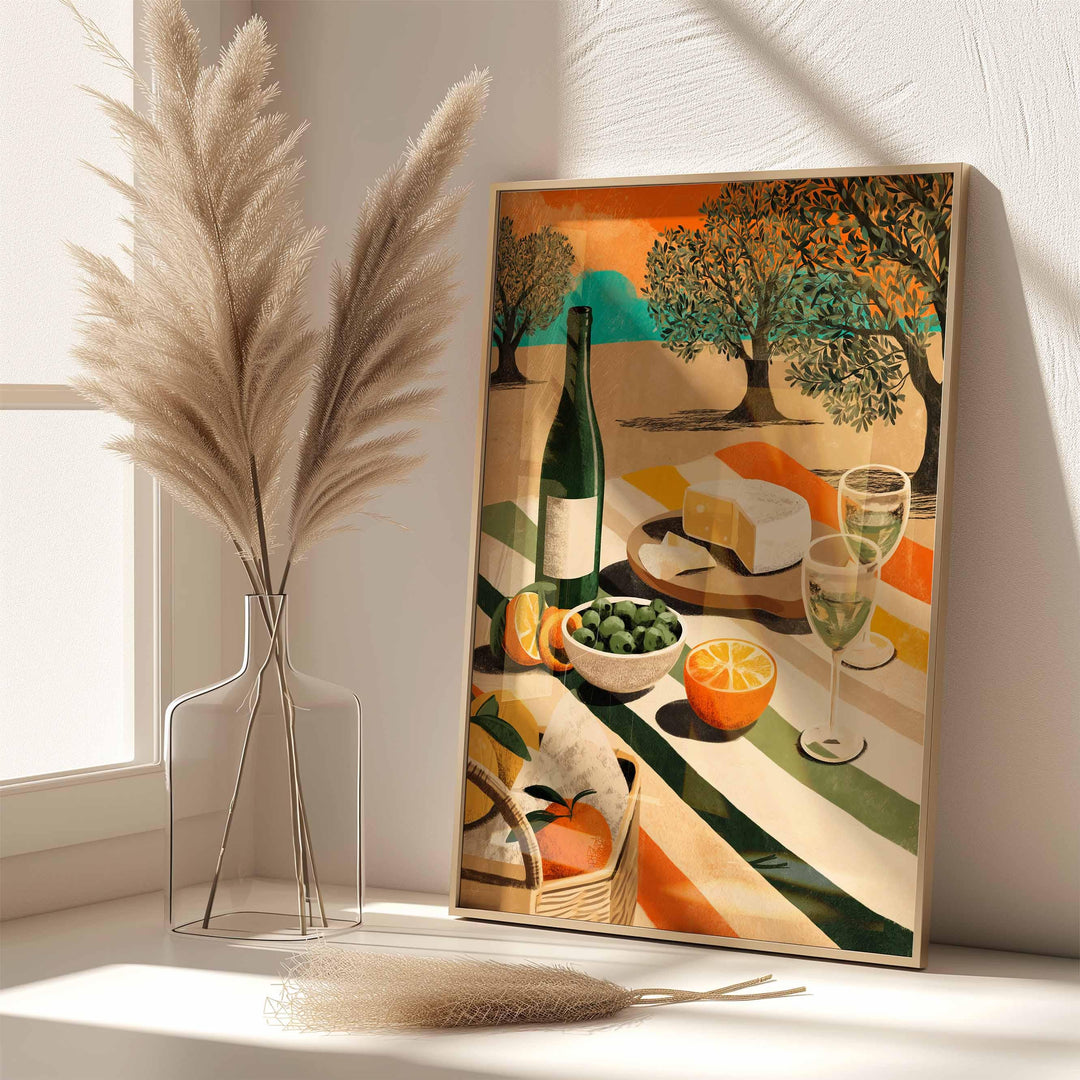 Sunny Mediterranean Picnic Wall Art, Modern Food & Wine Illustration, Olive Tree Landscape Art, Warm Contemporary Home Décor