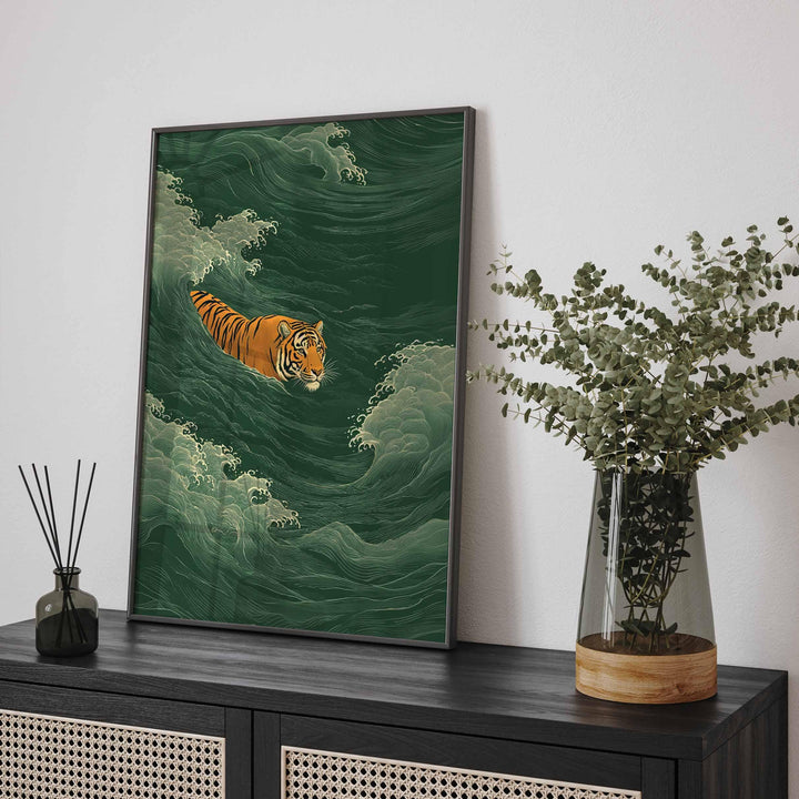 Japanese Tiger Swimming Wall Art Print, Ukiyo‑e Style Animal Illustration, Vintage Asian Inspired Home Décor, Bold Minimalist Art Print
