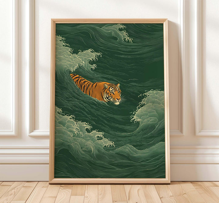Japanese Tiger Swimming Wall Art Print, Ukiyo‑e Style Animal Illustration, Vintage Asian Inspired Home Décor, Bold Minimalist Art Print